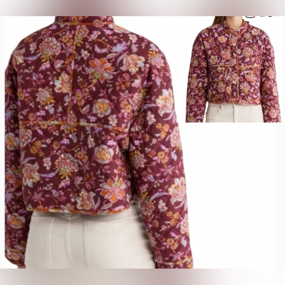 7 For All Mankind Quilted Floral Bomber Cropped Jacket in Burgundy - size M - Picture 3 of 8